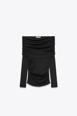 ZARA ФУТБОЛКА БЕЗ БРЕТЕЛЕЙ СО СБОРКАМИ, ЧЕРНЫЙ