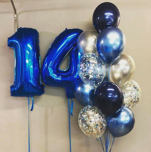 Букет шаров в Сине-Серебряном Цвете с Цифрами 14