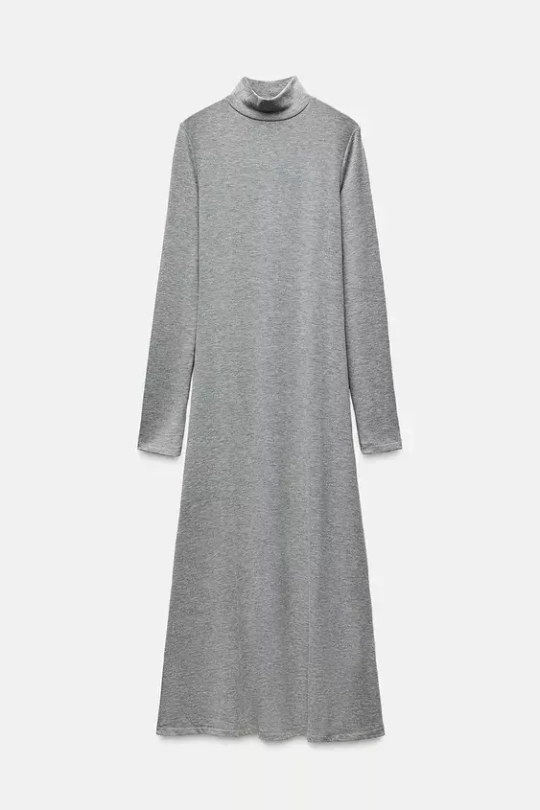 ZARA ПЛАТЬЕ МИДИ ИЗ МЯГКОЙ ТКАНИ, СЕРЫЙ С МЕЛАНЖЕВЫМ ЭФФЕКТОМ