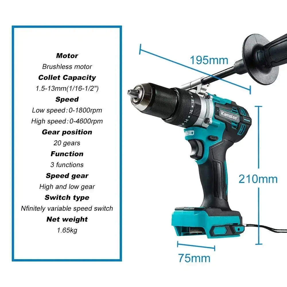 Kamolee Tool 650 Нм, 13 Мм,Аккумуляторная Бесщеточная Электрическая Ударная Дрель Для Бетона , Может Сверлить Лед , Стали И Древесины