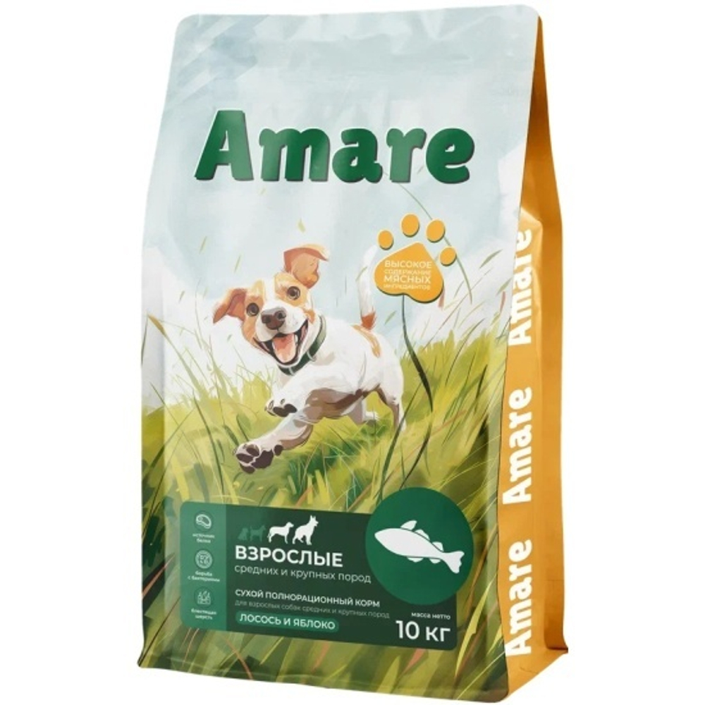 Amare Сухой полнорационный корм для взрослых собак средних и крупных пород лосось и яблоко 10 кг