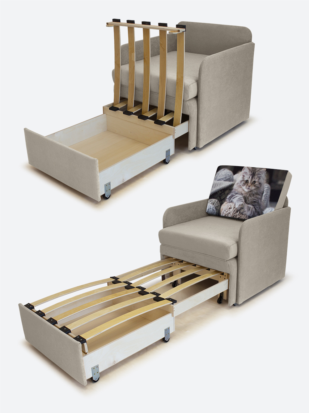 Кресло-кровать "Миник" с подлокотниками Dream Beige купон Котенок в клубках