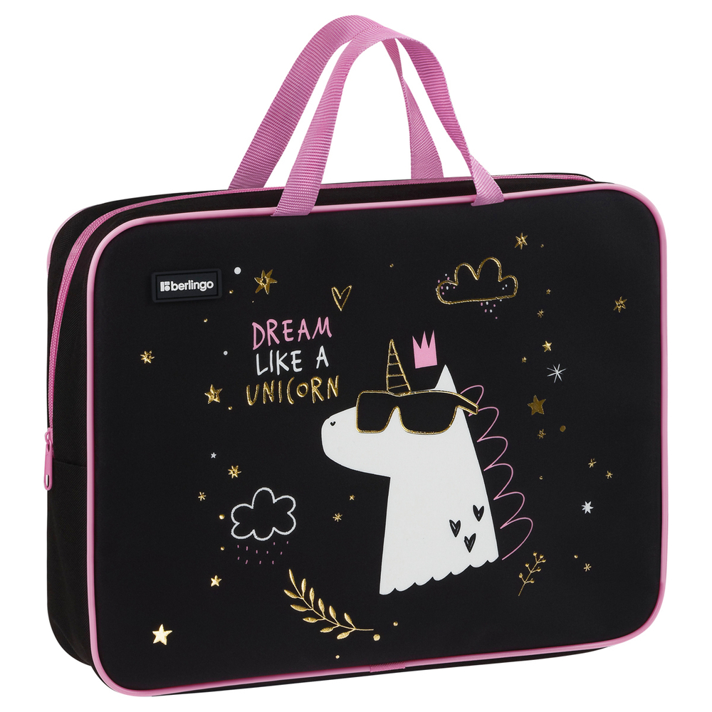 Папка текстильная с ручками 1 отделение, А4 "Dream Like A Unicorn", 350*265*80мм, текстиль, на молнии, Berlingo