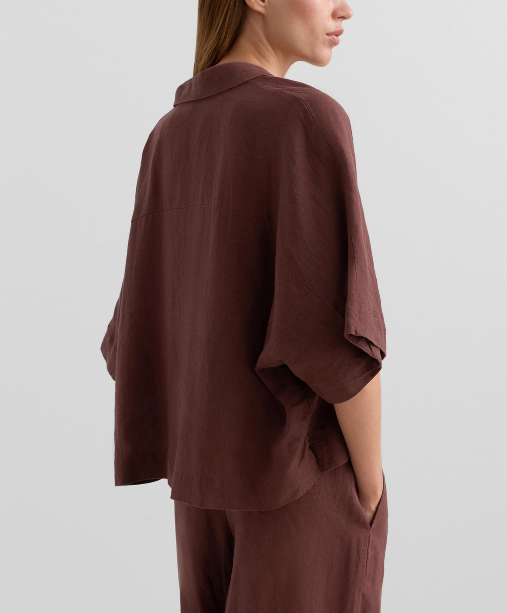 Oysho Рубашка свободного кроя с коротким рукавом из 100% льна, винный
