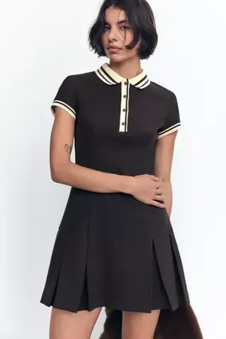 ZARA ПЛАТЬЕ С ЮБКОЙ В СКЛАДКУ И КОНТРАСТНЫМИ ДЕТАЛЯМИ В РУБЧИК, ТЕМНО-КОРИЧНЕВЫЙ