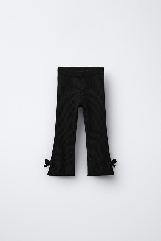 ZARA РАСКЛЕШЕННЫЕ ТРИКОТАЖНЫЕ ЛЕГИНСЫ С БАНТИКАМИ, ЧЕРНЫЙ