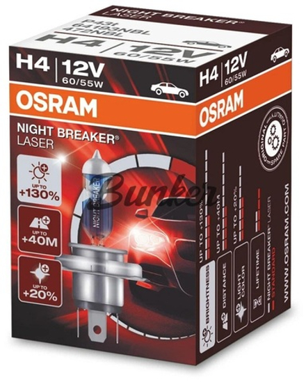 Лампа H4 12V 60/55W P43t NIGHT BREAKER LASER +150% больше света 1 шт.