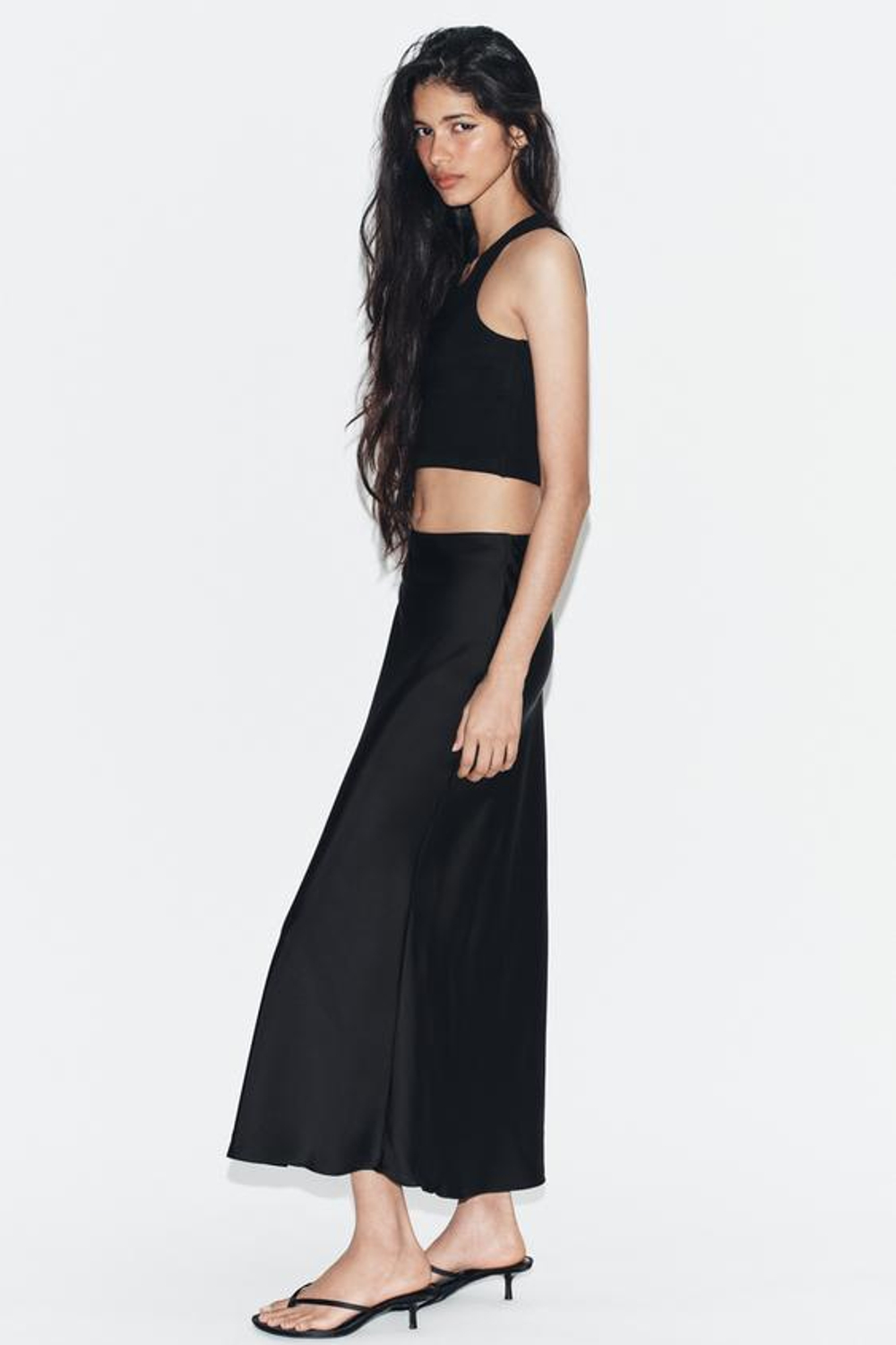 ZARA АТЛАСНАЯ ЮБКА МИДИ, ЧЕРНЫЙ