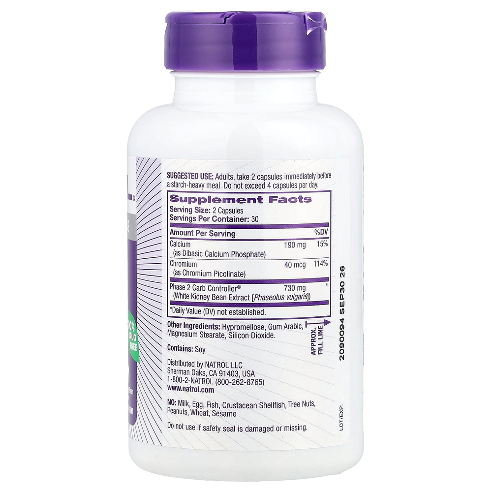 Natrol, Carb Interept, с регулятором углеводов фазы 2, 1000 мг, 60 растительных капсул (500 мг в 1 капсуле)