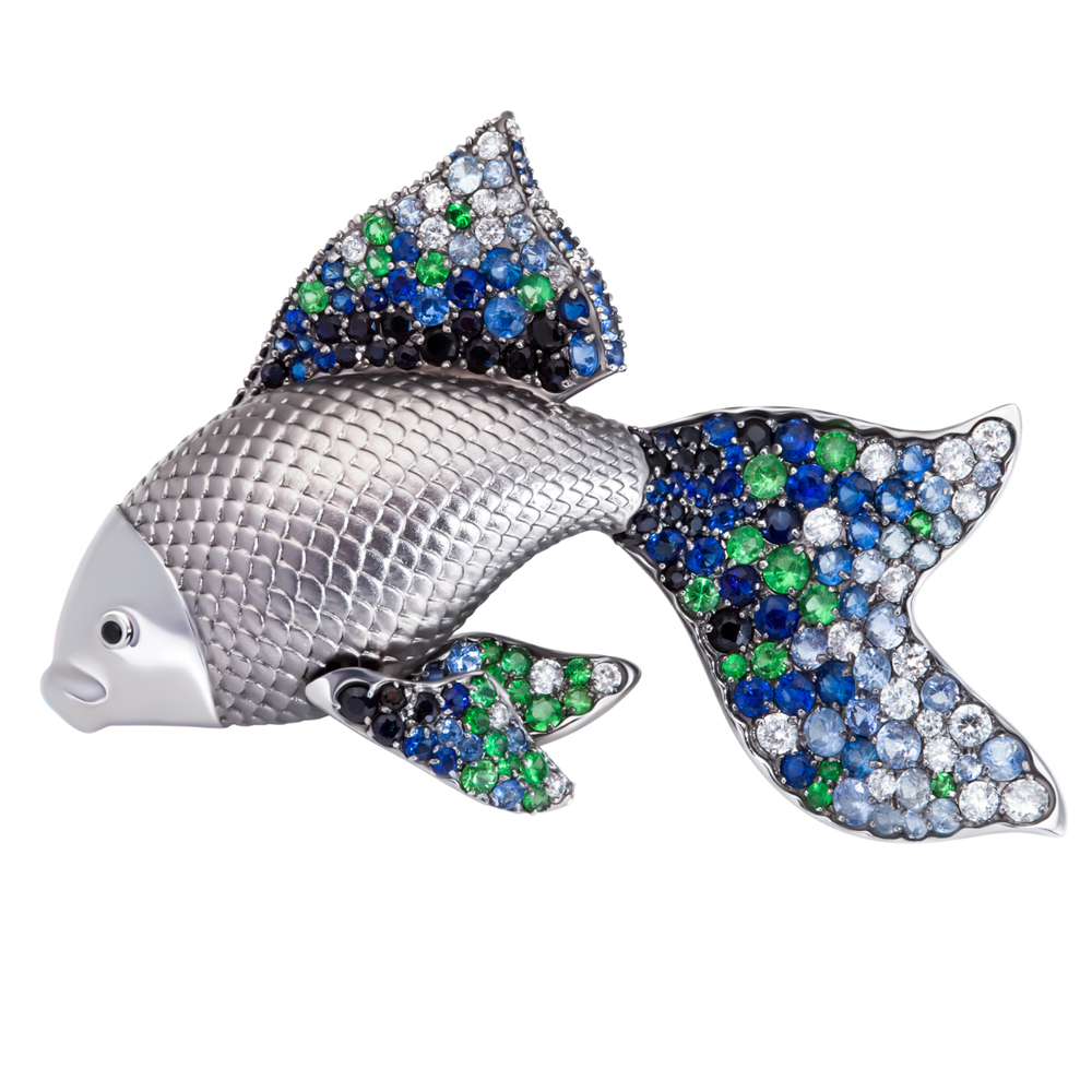Брошь Рыбка с Сапфирами, Цаворитами и Бриллиантами, Brs0251-2/7