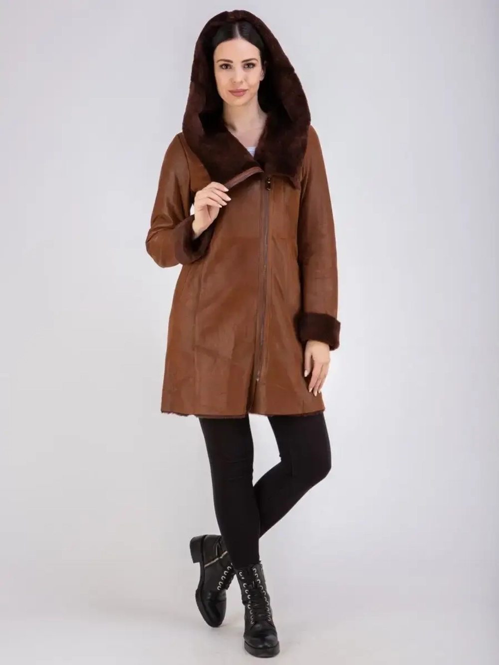 Дубленка женская натуральная длинная с капюшоном Турция