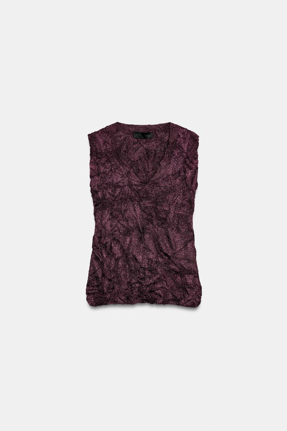 ZARA ТОП ИЗ ЖАТОГО ТРИКОТАЖА, БАКЛАЖАННЫЙ