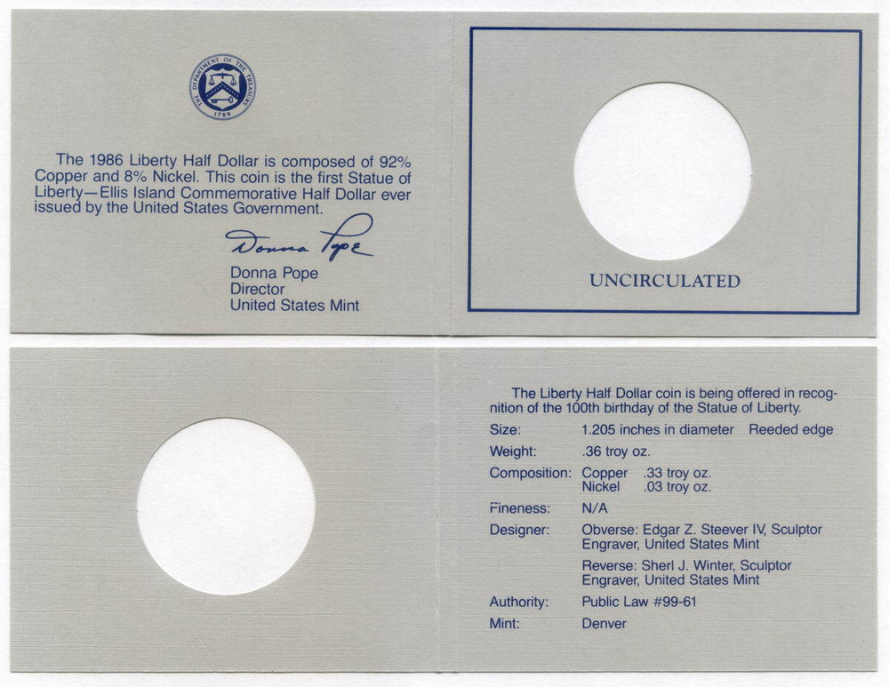 1/2 доллара 1986 (D). США. Нация иммигрантов. Медь с плакировкой UNC в родной коробке с сертификатом