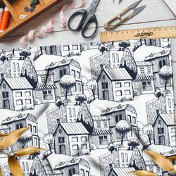Ткань саржа карандашные дома на белом фоне