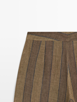 Massimo Dutti Полосатые льняные брюки с широкими штанинами, хаки