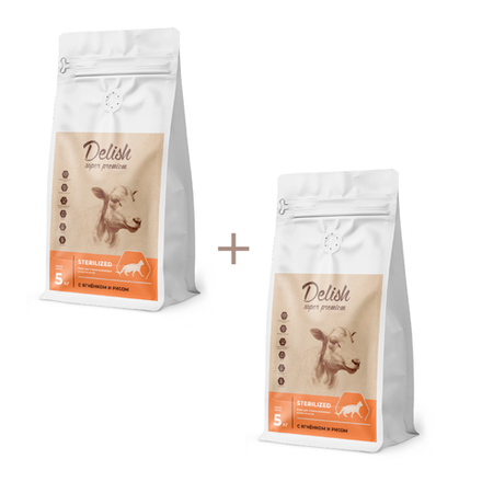 АКЦИЯ 1+1 Сухой корм DELISH super premium для стерилизованных кошек с ягненком и рисом - 5 кг + 5 кг