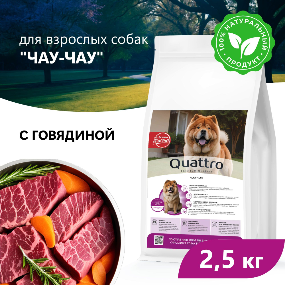 Корм сухой для взрослых собак породы Чау-чау, премиум полнорационный комплекс, с говядиной, 2,5 кг, QUATTRO