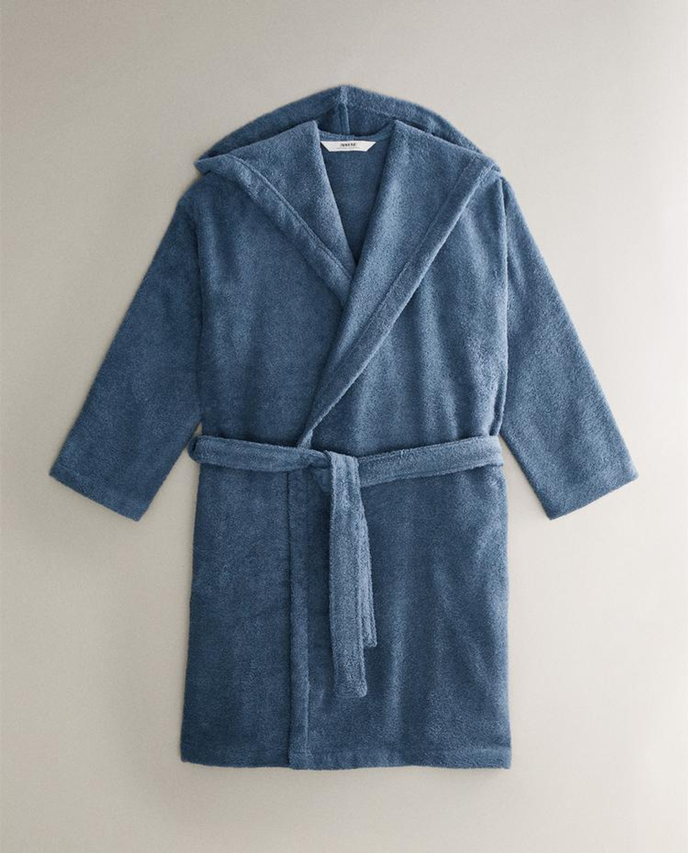 ZARA HOME ХАЛАТ ИЗ ХЛОПКА С КАПЮШОНОМ, СВЕТЛО-СИНИЙ
