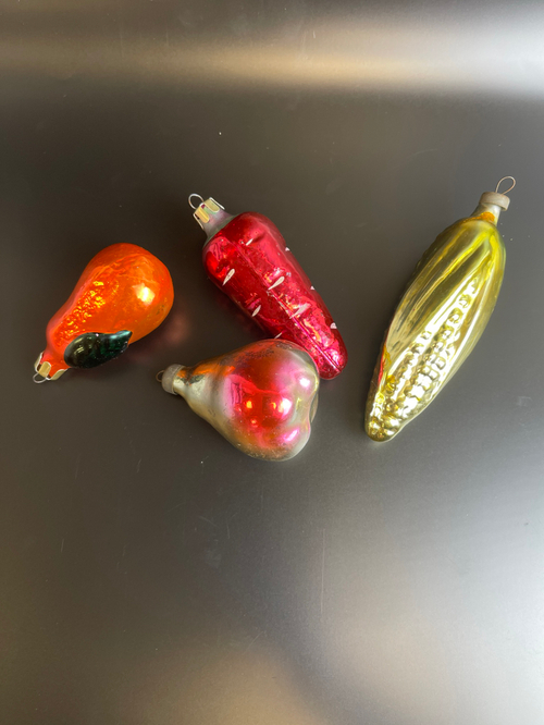 Ёлочные игрушки набор из 4 разных(морковка, 2 груши, кукуруза), стекло винтаж СССР 1950-1990 гг