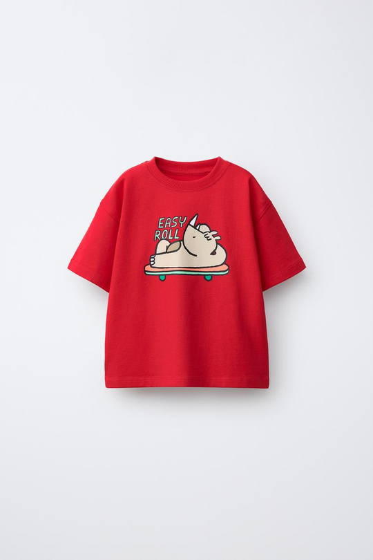 ZARA ФУТБОЛКА С АНИМАЛИСТИЧЕСКИМ ПРИНТОМ, КРАСНЫЙ