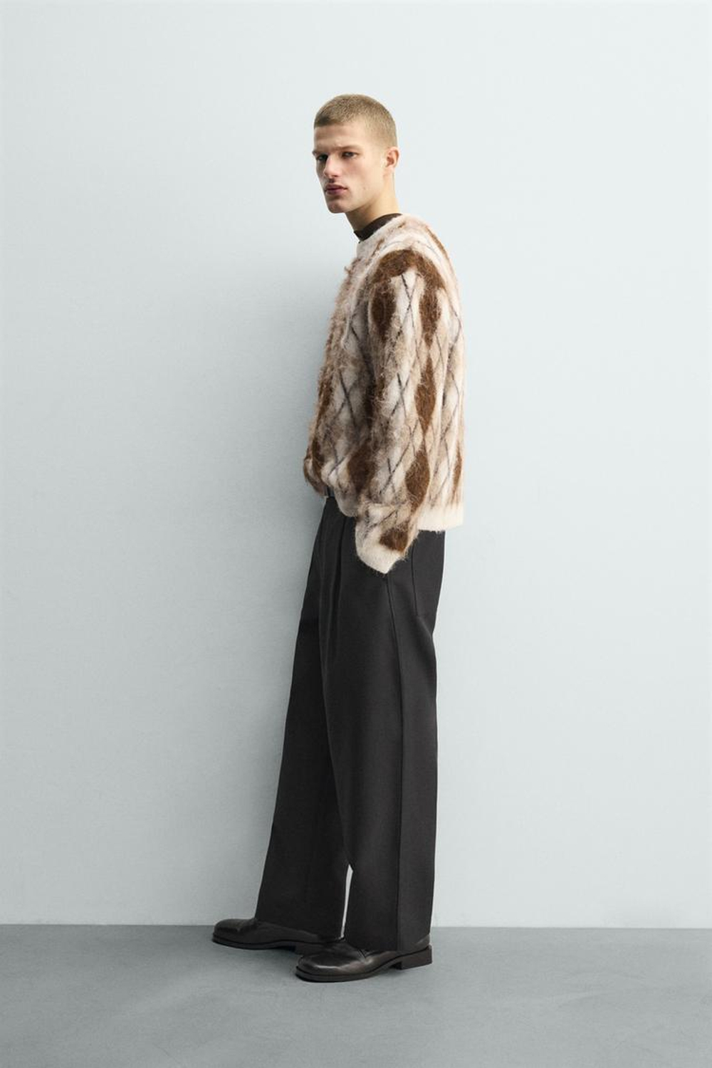 ZARA ЖАККАРДОВЫЙ СВИТЕР С ВОРСИСТОЙ ОТДЕЛКОЙ И УЗОРОМ «РОМБЫ», ЭКРЮ