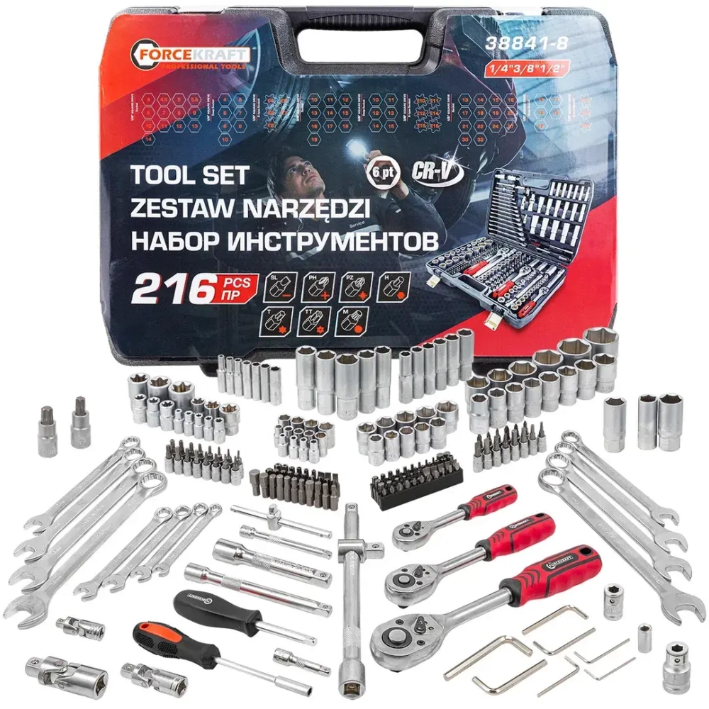 Набор инструментов 216пр. 1/4'', 3/8'', 1/2''(6гр.) FORCEKRAFT FK-38841-8