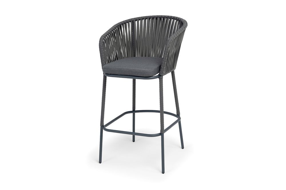 "Бордо" стул барный плетеный из роупа, каркас из стали темно-серый (RAL7024) муар, роуп серый 15мм, ткань темно-серая 027 NEW
