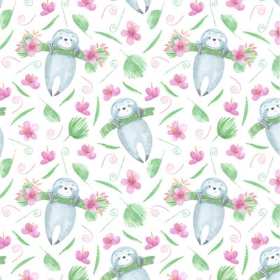 Милые ленивцы на ветвях. Тропические растения. Листья пальмы, розовые цветы