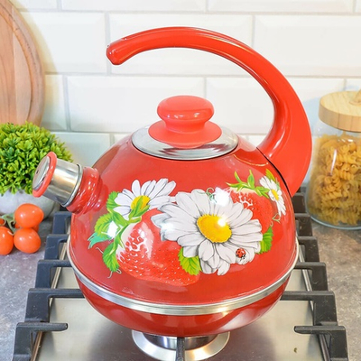 Чайник 3,5л со свистком, консольная ручка, бордо "Клубника с ромашкой"