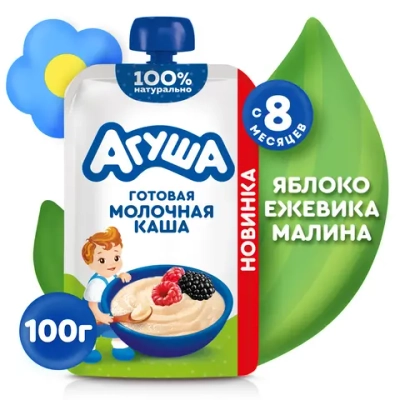 Агуша пауч каша жидкая Пшенично-овсяная с яблоком, ежевикой и малиной 100г с 8 месяцев