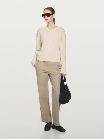 Massimo Dutti Брюки прямого кроя из смесового хлопка, бежевый