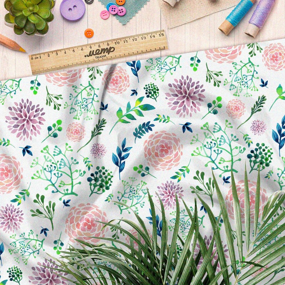 Ткань кулирная гладь акварельные георгины и трава
