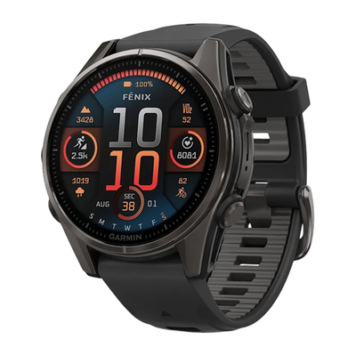 Спортивные часы Garmin fenix 8, 43 мм, AMOLED, титан с DLC, сапфир, силиконовый ремешок цвета чёрный/«серая галька» Тёмно-серый безель из титана с DLC-покрытием, AMOLED-дисплей. Ремешок с классической застёжкой — на запястье обхватом 108–182 мм