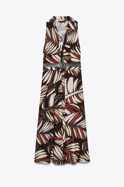 ZARA ПЛАТЬЕ МИДИ С ПРИНТОМ И ПОЯСОМ, РАЗНОЦВЕТНЫЙ