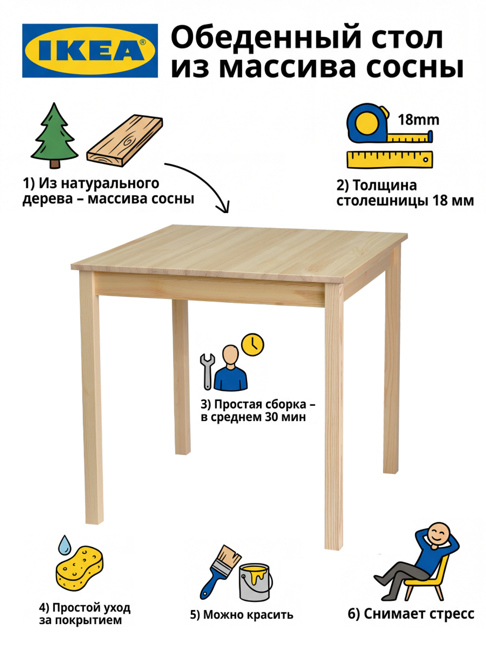 Стол кухонный, 115х75х73, Инго, обеденный, компьютерный, из массива дерева, лак, IKEA