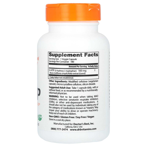 Doctor's Best, 5-HTP, 100 мг, 180 вегетарианских капсул