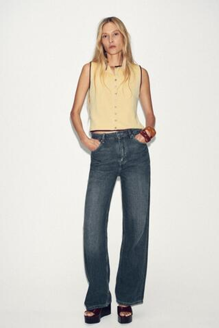 ZARA ТРИКОТАЖНЫЙ ТОП С КОНТРАСТНОЙ ОКАНТОВКОЙ, ЖЕЛТЫЙ