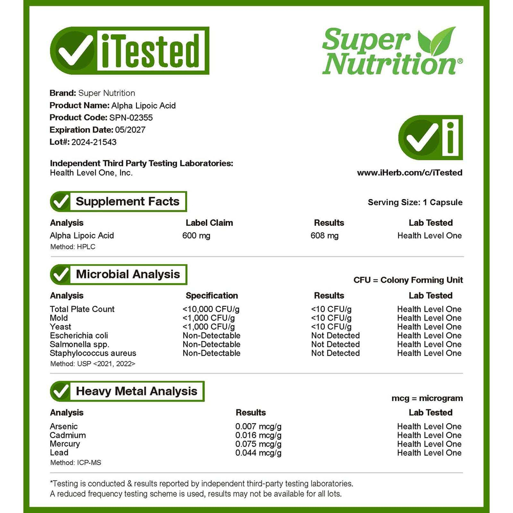 Super Nutrition, альфа-липоевая кислота, 600 мг, 60 растительных капсул