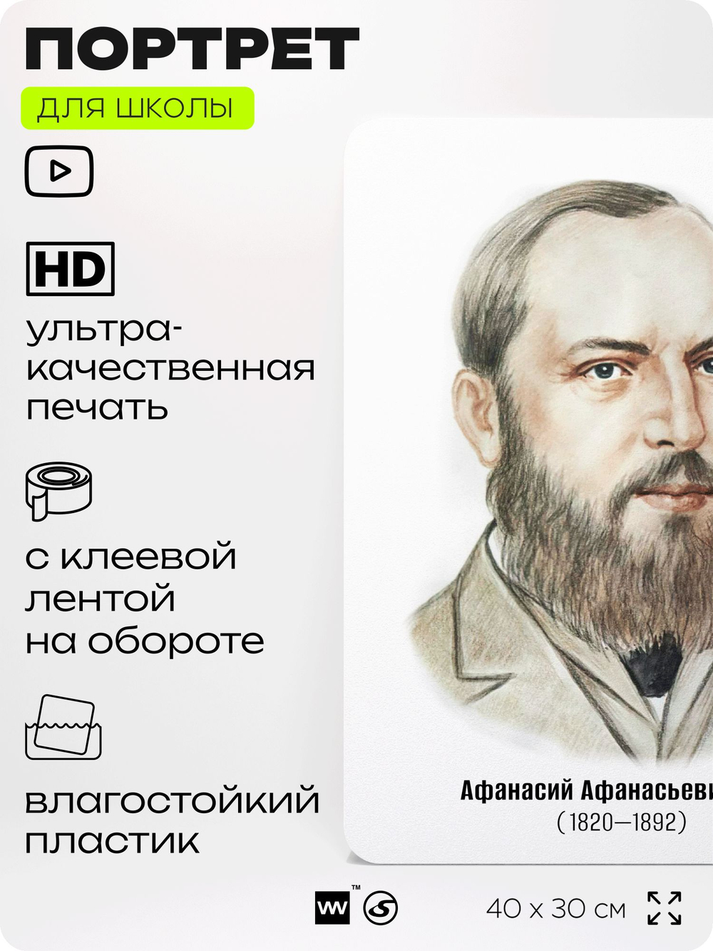 Портрет для школы в кабинет литературы и русского языка "Фет Афанасий Афанасьевич", стенд школьный для класса, для оформления классного уголка, 40х30 см, Silver Plane x Айдентика Технолоджи