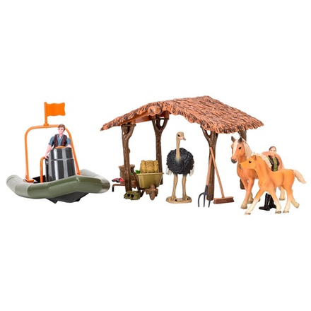 Набор фигурок животных серии "На ферме": 19 предметов: ферма, лошади, страус, лодка, фермеры, инвентарь