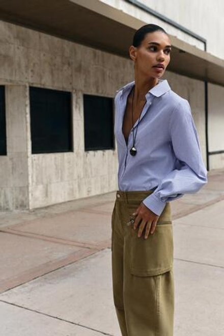 ZARA ХЛОПКОВАЯ РУБАШКА В ПОЛОСКУ, ЭКРЮ/СИНИЙ