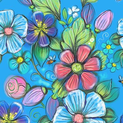 Пионы, тюльпаны, ромашки, цветы на голубом фоне.