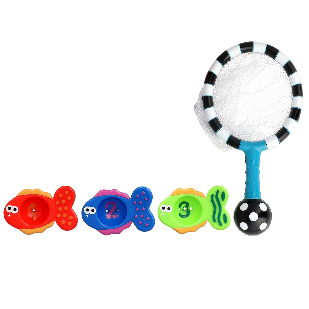 Sassy, игрушка для купания, Catch 'n Count, сачок, для детей от 6 месяцев, набор из 4 предметов