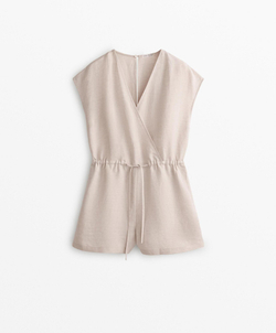 Oysho Короткий комбинезон с запахом из льна, песочный меланж