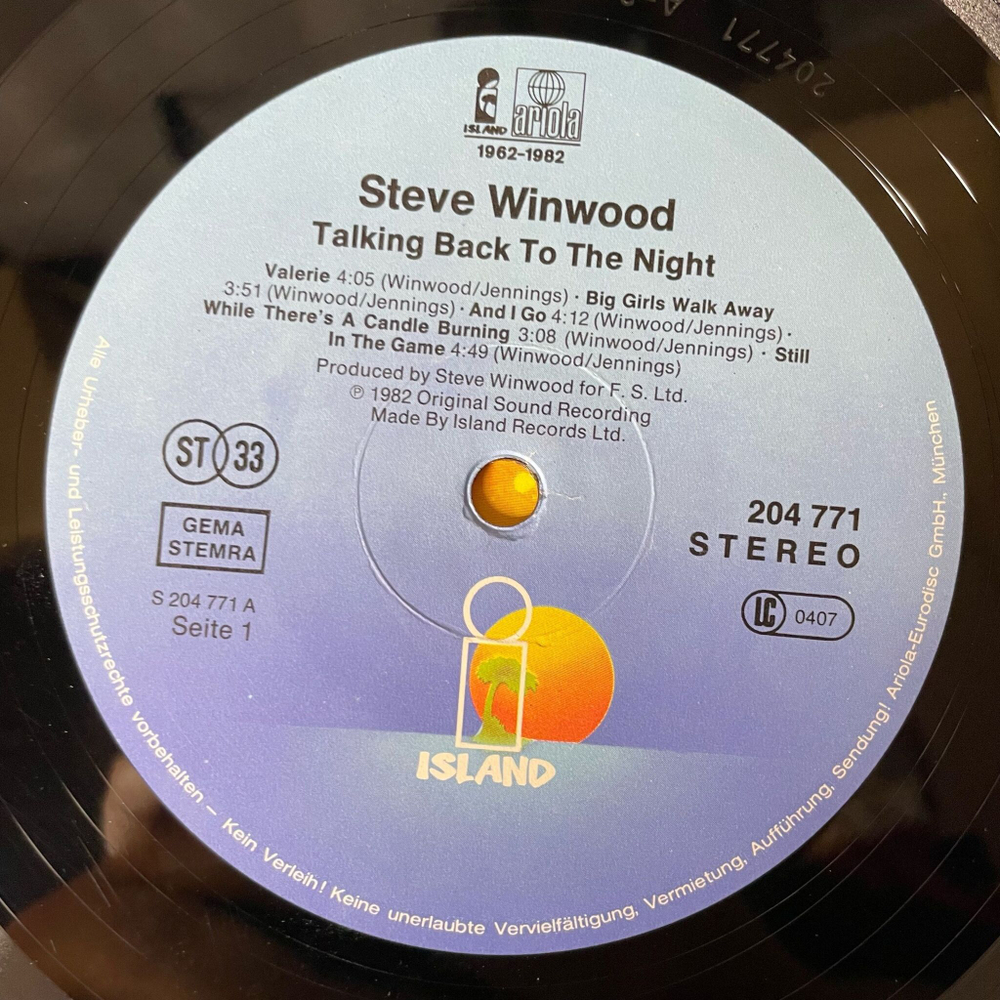 Винтажная виниловая пластинка LP Steve Winwood Talking Back To The Night (Germany 1982)