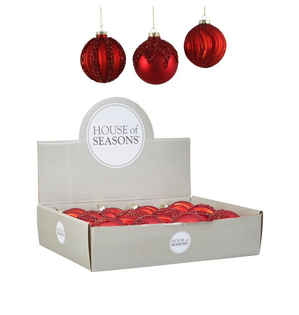 Набор елочных игрушек 12шт 8см House of Seasons Шар красный 3 вида 84020