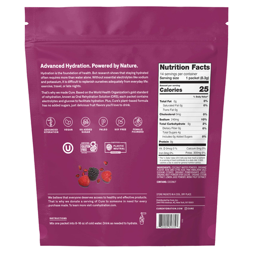 Cure Hydration, увлажняющая смесь электролитов, со вкусом ягод и граната, 14 пакетиков по 8,3 г (0,29 унции) каждый