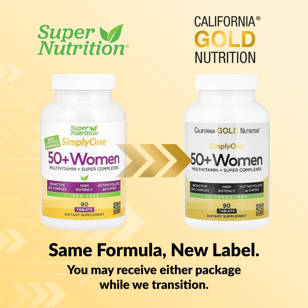 California Gold Nutrition, SimplyOne®, мультивитамины и суперкомплексы для женщин старше 50 лет, с витаминами A и C, минералами и растительными компонентами, без железа, 90 таблеток