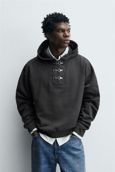 ZARA ХУДИ С КАПЮШОНОМ И НАВЕСНЫМИ ПЕТЛЯМИ, СЕРЫЙ