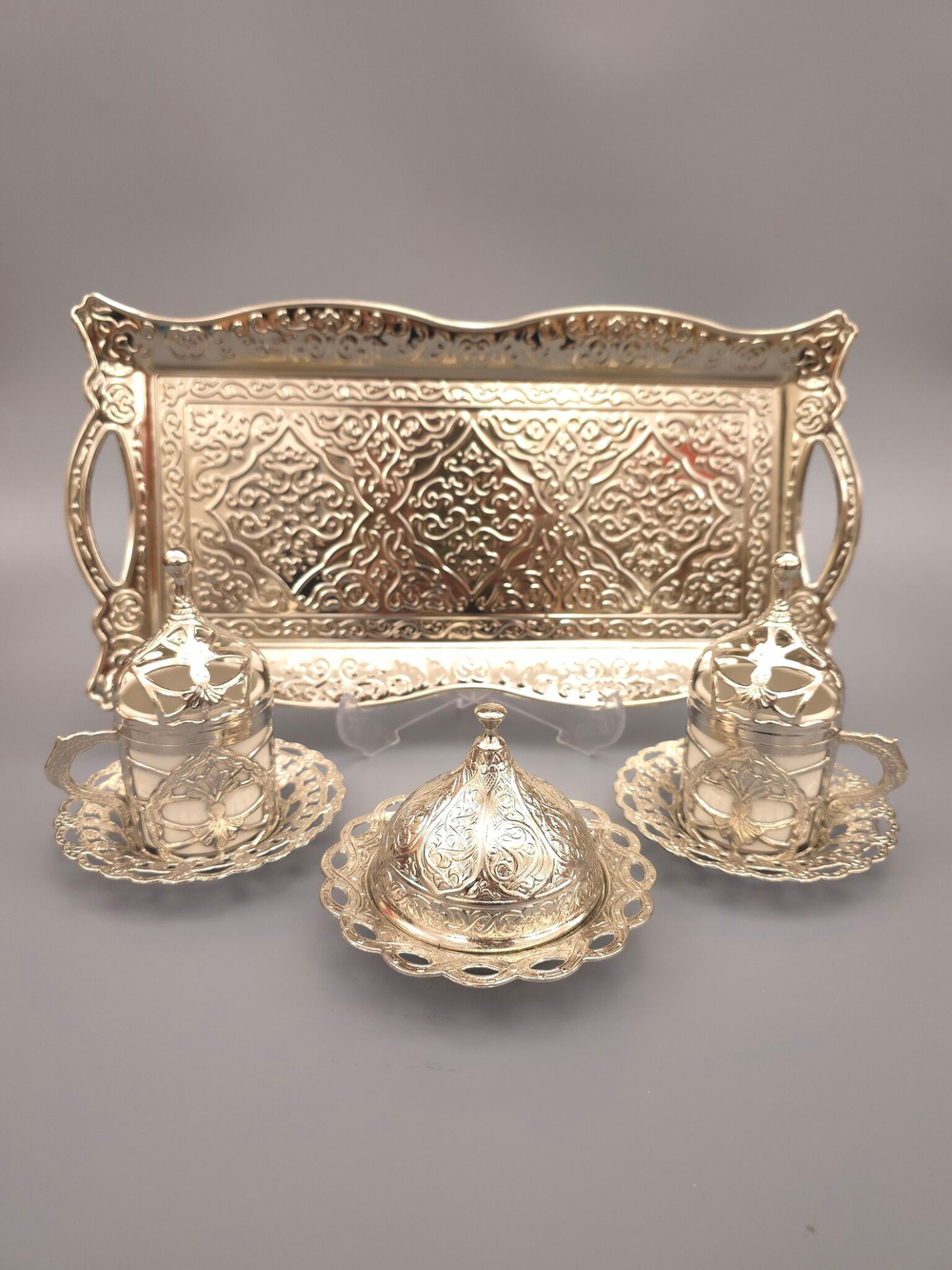 Кофейный набор "Хюрем" на 2 персоны с лукумницей и подносом/ACAR. Турция (серебристый)